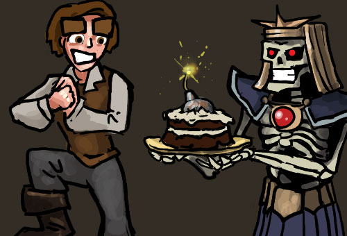 Dungeons of Dredmor happy birthday image feature the Dredmor hero and Lord Dredmor himself