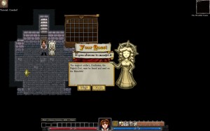 Dungeons of Dredmor beta screenshot receiving a quest from the goddess of pointless sidequests, Inconsequentia