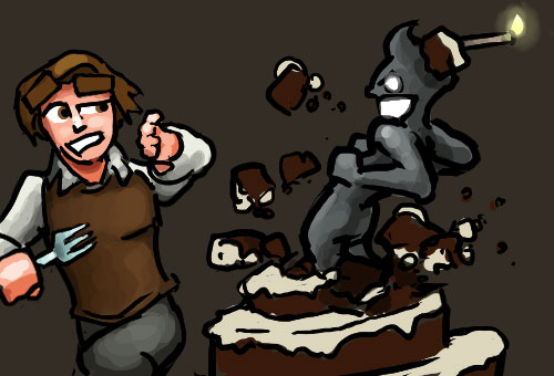 Dungeons of Dredmor, a thrusty bursting from a cake at our shocked hero