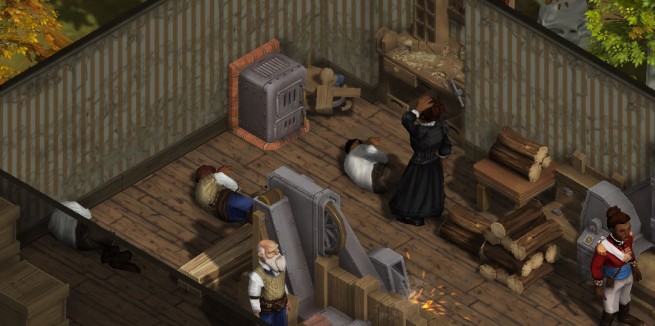 People are sleeping all over the floor of this carpentry shop because there aren't, in fact, any other houses in the settlement because this was set up for a screenshot. Thanks a lot, simulated people.