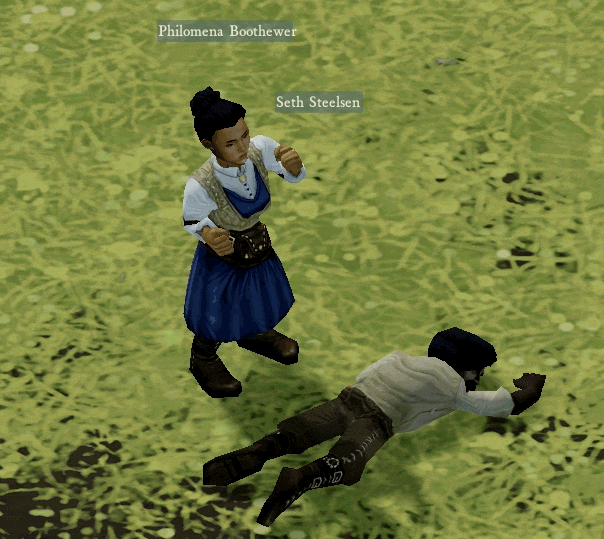 Here Philomena (an advanced player) dances over the corpse of Seth (a newbie). This is how games work.